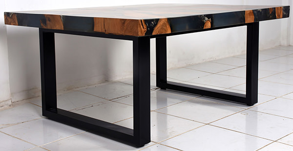 teak wood and clear resin furniture with iron legs