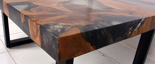 PU satin coating on a teak and resin table top