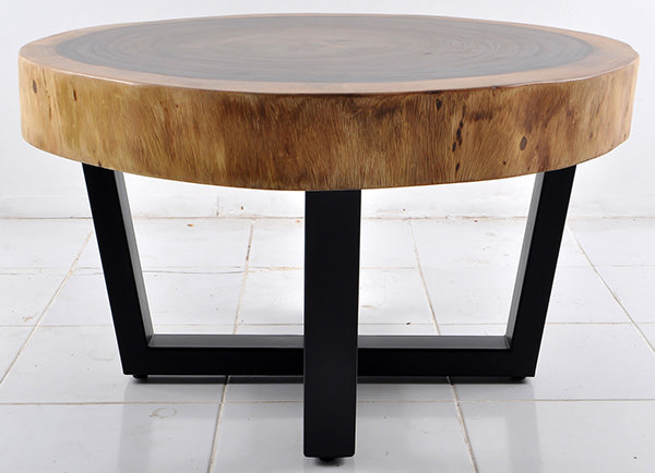 round monkey pod table with iron legs with X shape