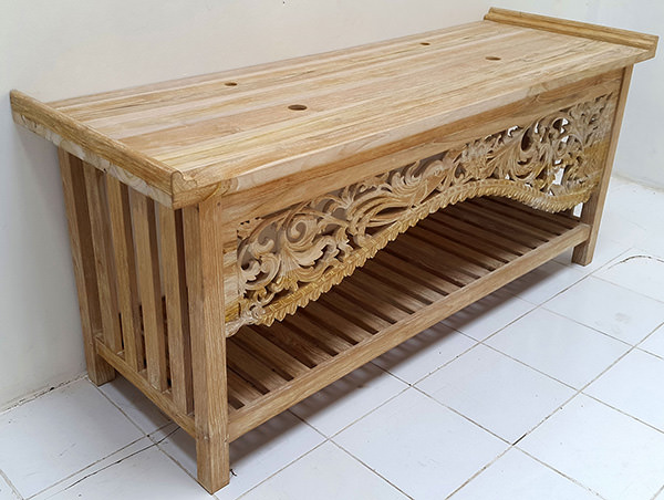 bathroom teak vanity cabinet with natural finish and wooden top