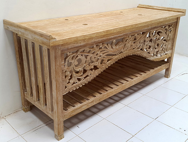 teak wooden vanity cabinet with white wash finish