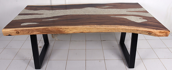 transparent resin with pebble inserts in suar wood table with square iron legs