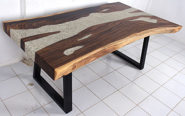 acacia table with pebbles and resin inserts