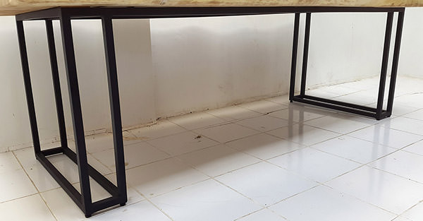 solid natural rain tree table with black powder coated thin iron legs