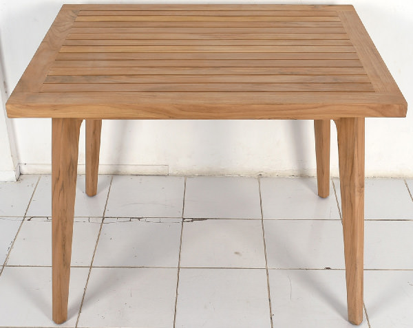rectangular teak table with open slats and golden care finish