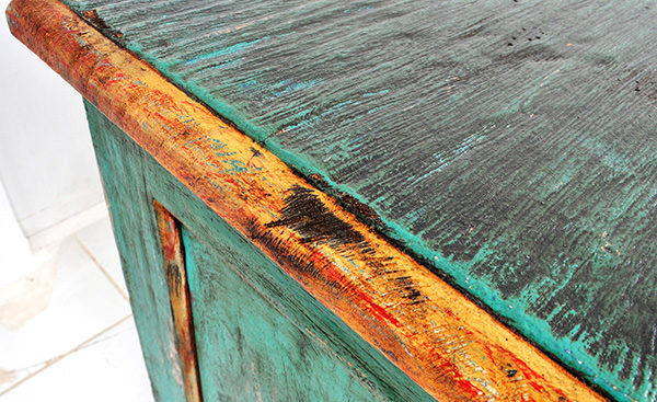 green reclaimed mahogany painted cabinet with brass handle and vintage finish