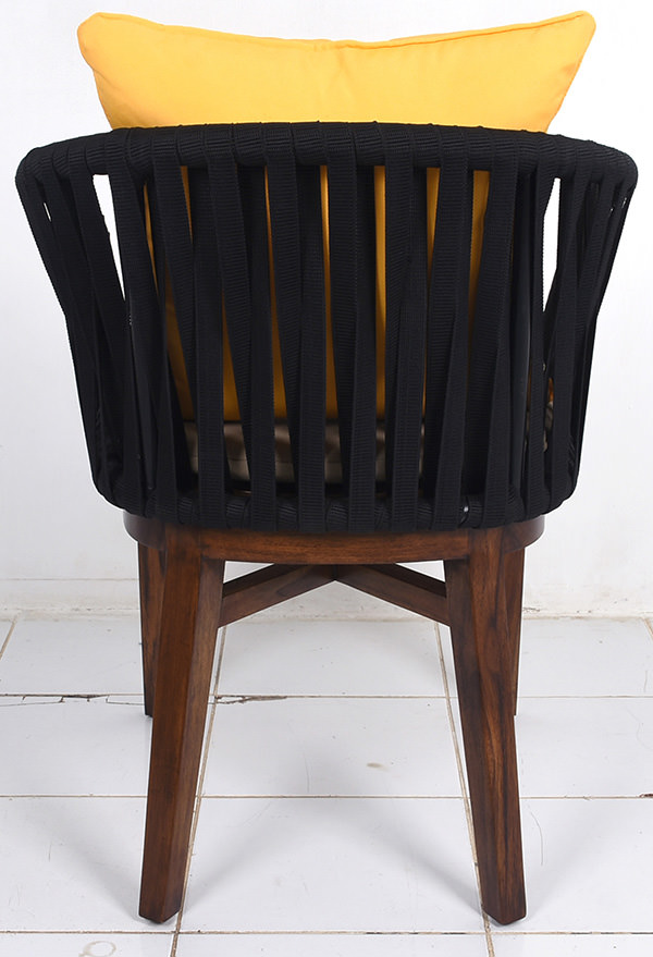 dining chair with black straps backseat and wooden legs