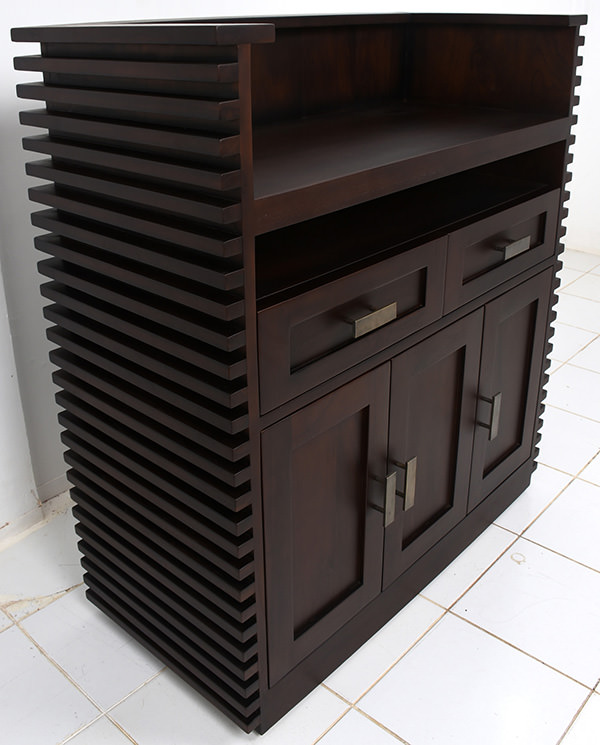 Indoor teak waiter station with brass handles