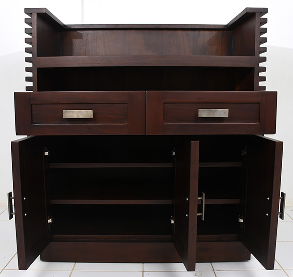 Dark brown Indoor teak waiter station with 2 drawers and 3 doors