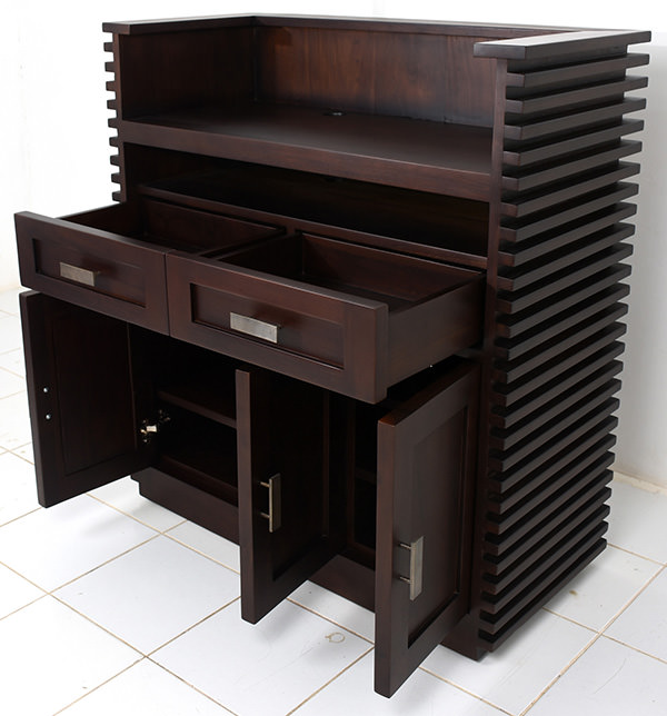 Dark brown Indoor teak waiter station with 2 drawers, 1 shelf and 3 doors