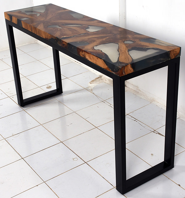 teak root and transparent resin console table