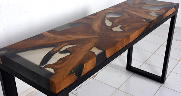 smooth resin and teak console table