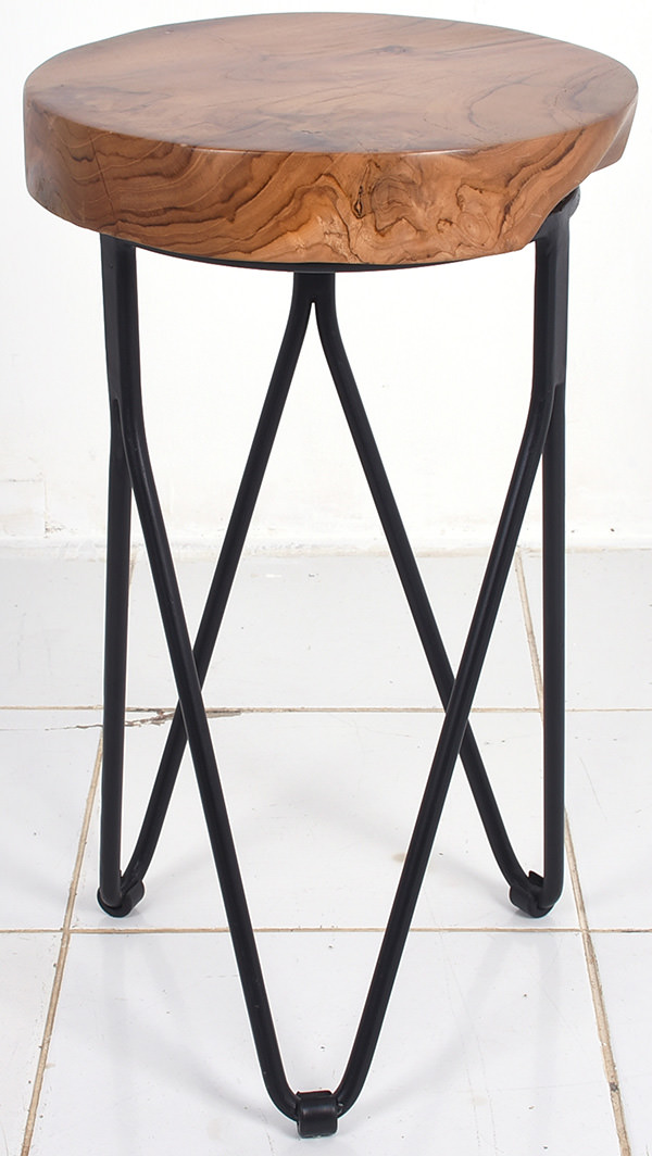 round stool with iron legs and natural wooden seat