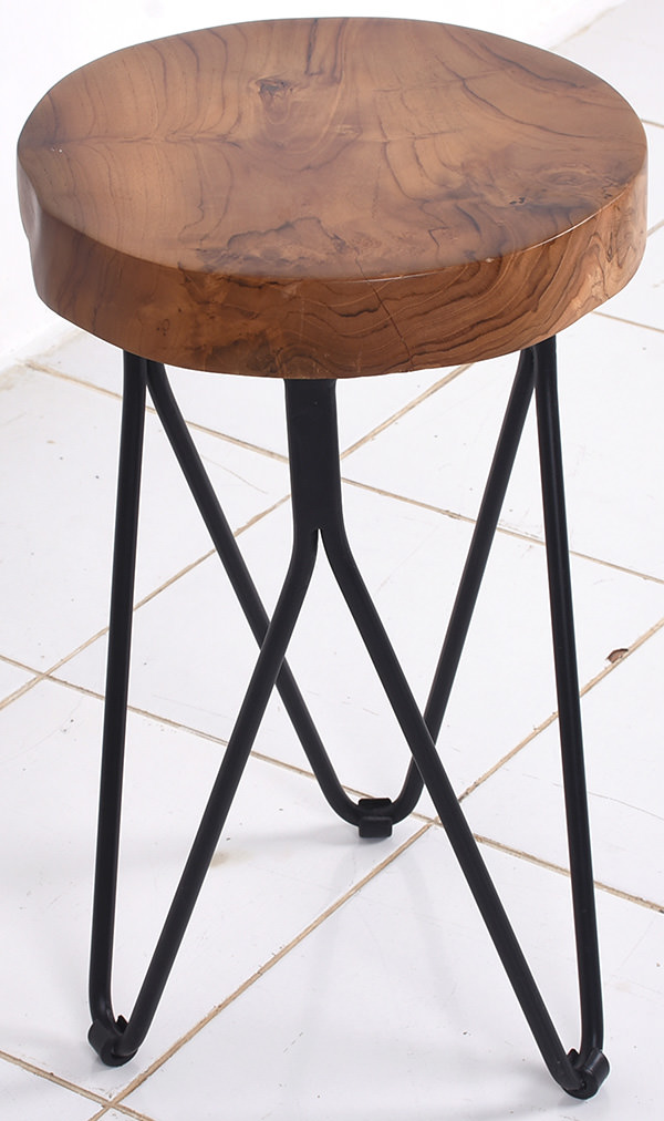 round stool with iron Scandinavian design legs and natural wooden seat