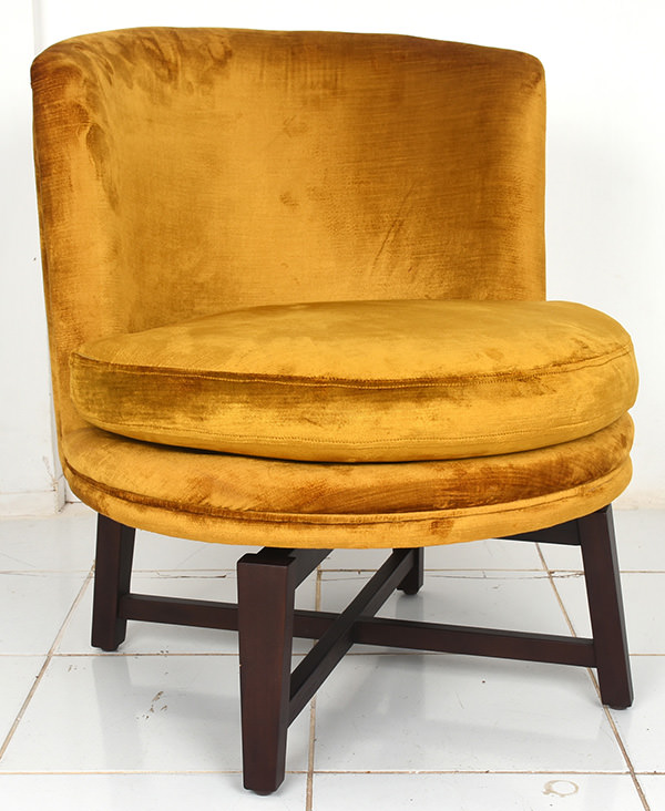 teak and golden velvet restaurant lounge chair
