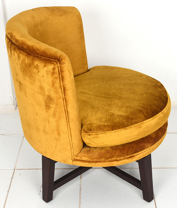 Brown teak and golden velvet restaurant lounge chair