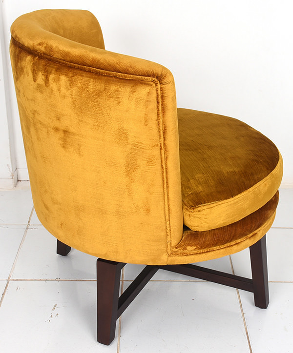 Brown teak and golden velvet restaurant lounge chair with X-shaped legs