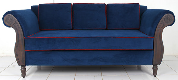 teak and velvet blue restaurant couch