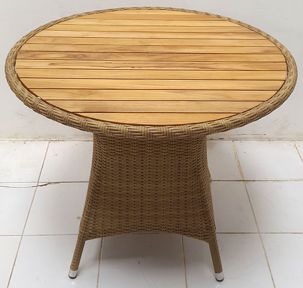round synthetic rattan coffee table with teak top