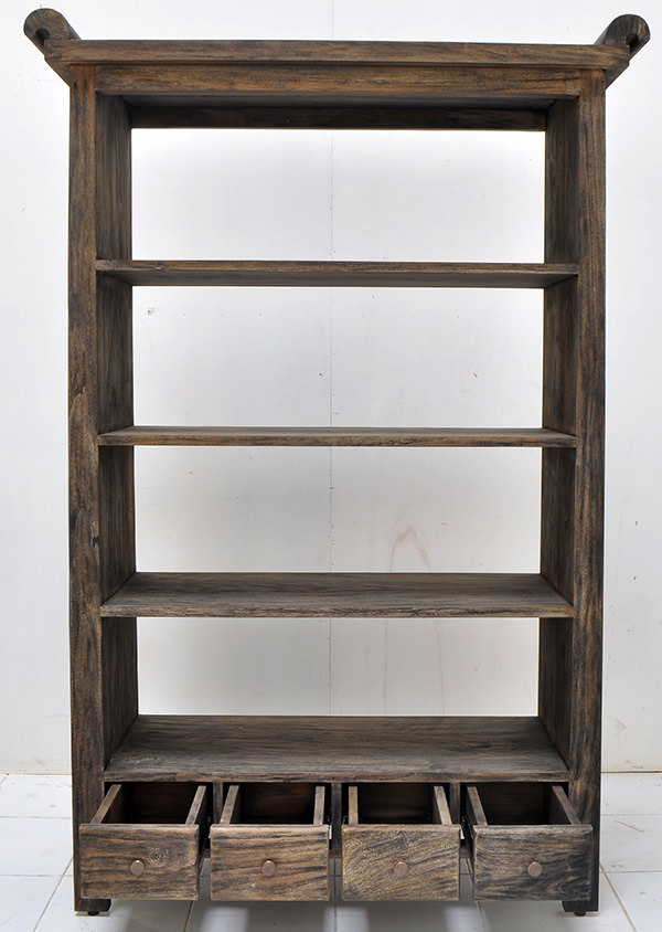 teak book rack with 4 drawers and 4 shelves with triple burnt finish