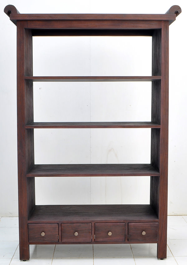 asian teak book rack with 4 drawers and 4 shelves