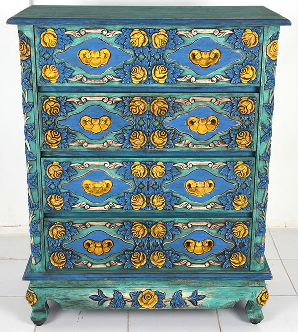 mahogany dresser cabinet with painted wooden carvings