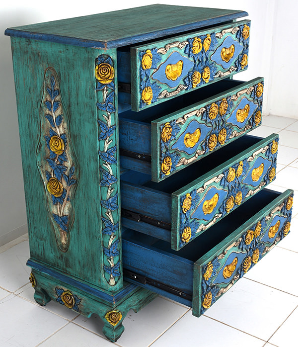 mahogany cabinet with painted wooden carvings