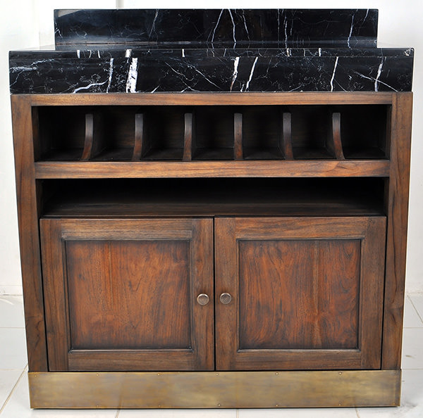 brown teak serving station with marble top and golden brass feet