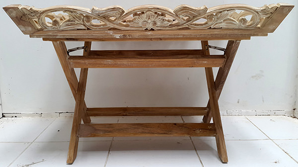 ethnic teak wooden carved tray with shite washed finish and standing feet