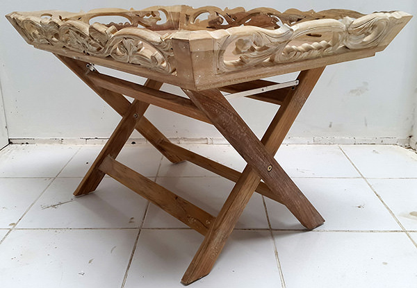 indonesian ethnic teak wooden carved tray with shite washed finish and standing feet