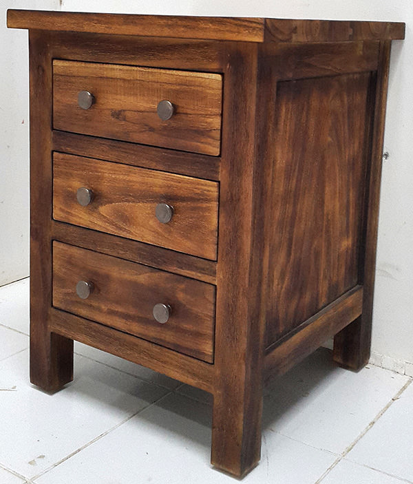 bed side teak table with tree drawers and wood burnt finish