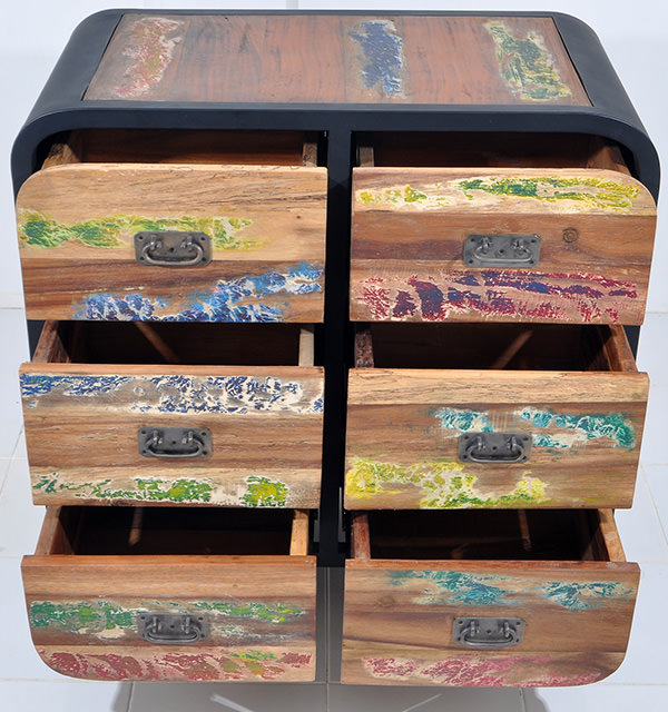 indonesian boatwood teak cabinet with a black iron frame