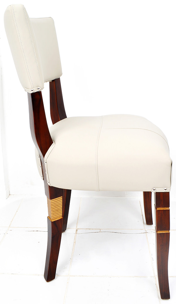 teak and white leather dining chair with brown stain