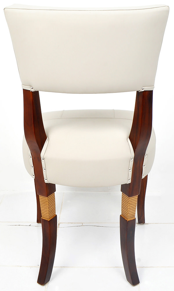 Scandinavian teak and white leather dining chair with brown stain and golden leg recessed