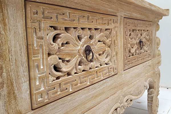 chinese wooden teak console with two carved drawers