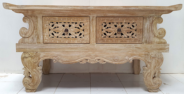 chinese wooden teak console with two handmade carved drawers