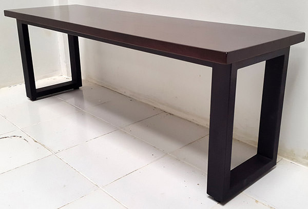 teak console table with black square iron legs