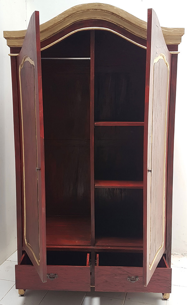 red wardrobe with vintage wood finish and two doors