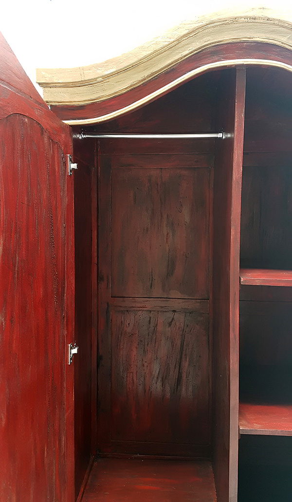 red wardrobe with vintage wood finish and two doors for restaurant