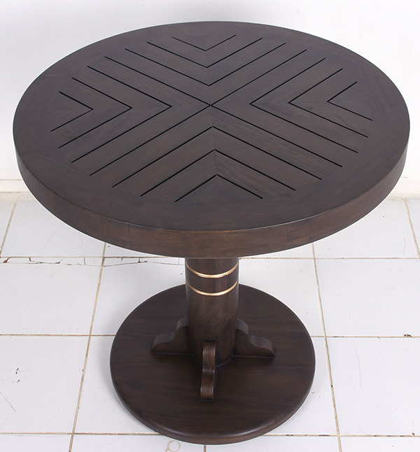 distressed dark brown teak outdoor round dining table with open slats