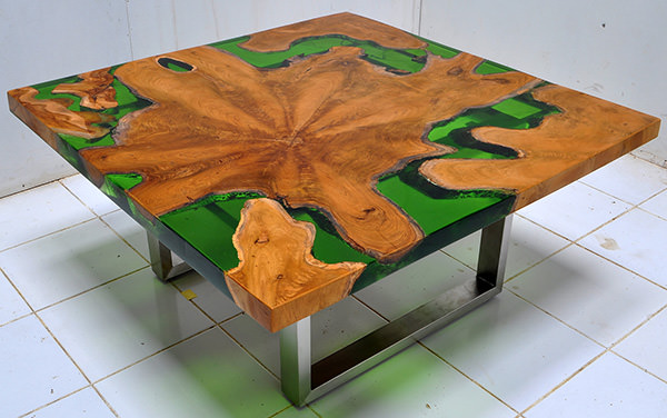 square solid teak root and resin table