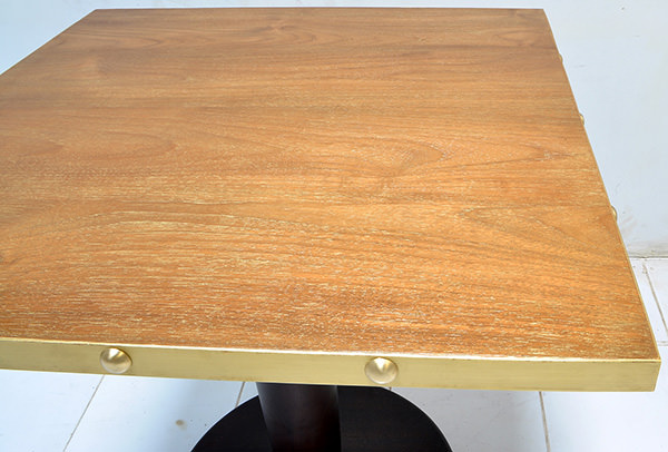 restaurant square dining table with golden brass edges and teak veneer top