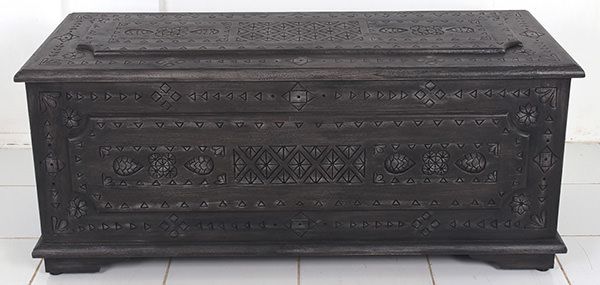 carved black wooden end bench storage