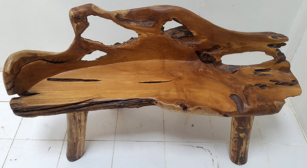 recycled teak root bench with natural finish