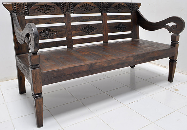 antique teak carvings on reclaimed bench with yakisugi japanese finish