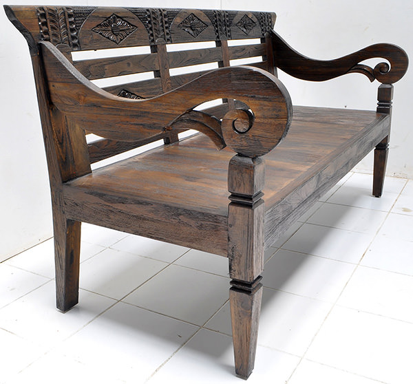 antique teak carvings on reclaimed bench with yakisugi finish