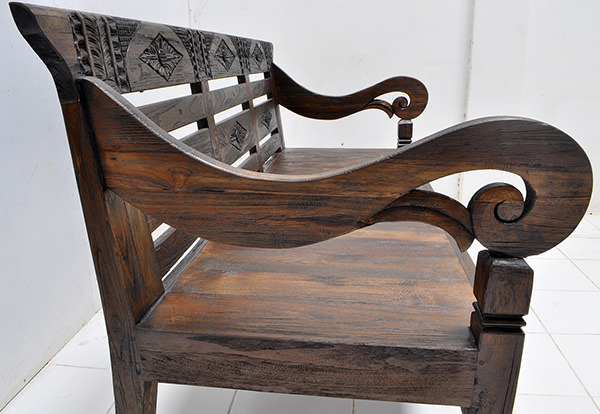 antique teak carvings on reclaimed bench