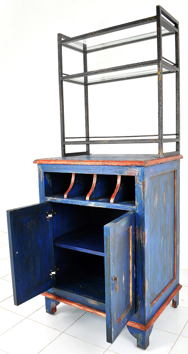 vintage blue bespoke waiter station with antique reclaimed wood finish