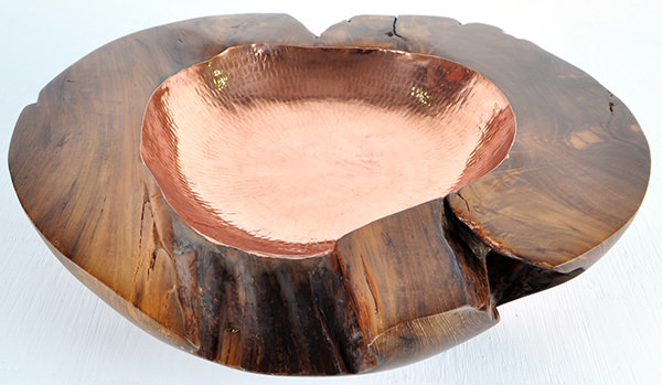 teak and copper fruit bowl