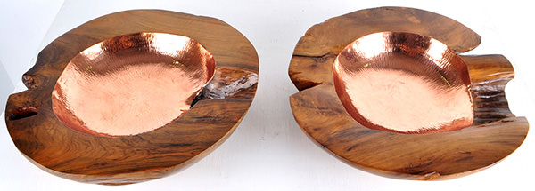 solid teak and copper fruit bowls